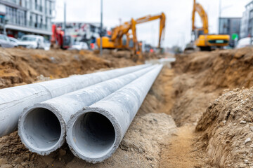 Installation of drainage pipes beneath future roadway, civil engineering detail shot, with copy space