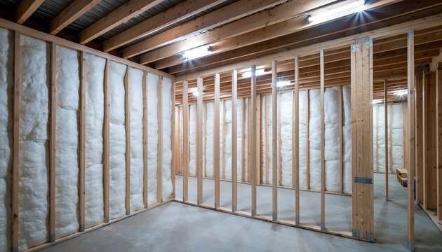 Basement renovation with insulation and wooden framing, perfect for home improvement blogs or DIY projects, showcasing energy efficiency and construction