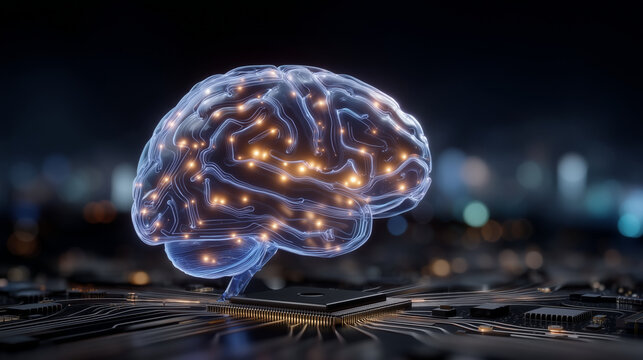 Ultra-detailed futuristic scene of a glowing digital brain floating above a dark, high-tech motherboard surface; the brain is semi-transparent with neon outlines in electric blue a
