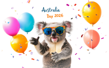 Playful Australia Day 2026 banner featuring vibrant modern design with cheerful patriotic elements isolated on transparent background PNG
