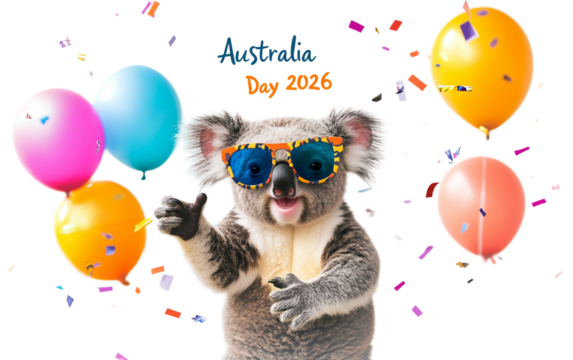 Playful Australia Day 2026 banner featuring vibrant modern design with cheerful patriotic elements isolated on transparent background PNG
