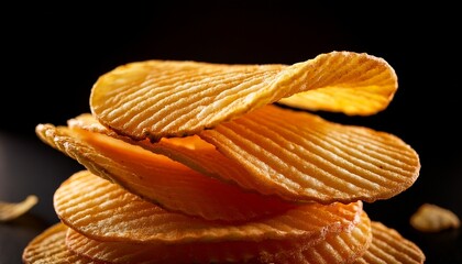 a close up shot of several golden rippled potato chips stacked on top of each other on black background