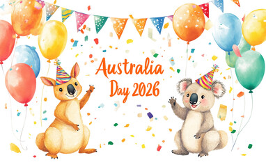 Fototapeta premium Playful Australia Day 2026 banner featuring colorful kangaroo illustration and festive patriotic design isolated on transparent background PNG