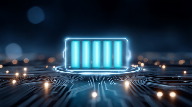 Ultra-detailed futuristic digital illustration of a glowing full battery icon centered against a dark blue high-tech background; the battery is bright cyan-blue with evenly spaced