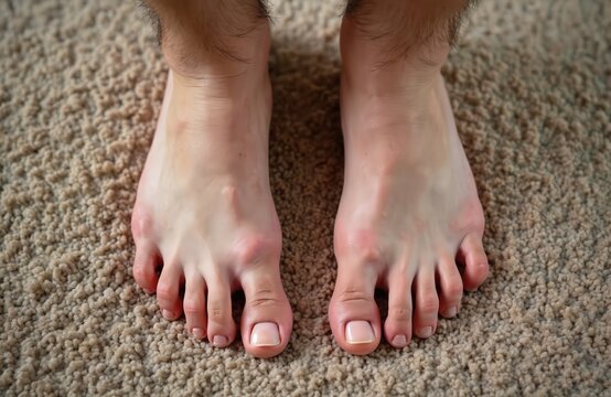 Male feet with deformed hammer toes and bunions. Unhealthy foot structure shows painful joint issues, affecting toes before medical treatment or surgery.