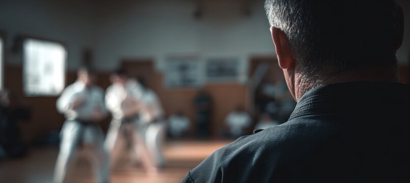 Referee Observing Martial Arts Match in Dojo with Fighters Blurred in Foreground