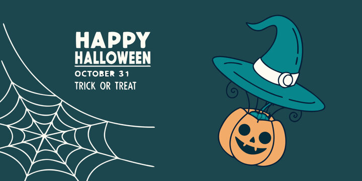 happy halloween banner with jack o lantern pumpkin witch hat and spiderweb design