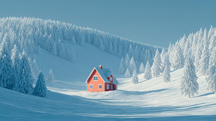 Red house nestled in a snowy winter wonderland landscape