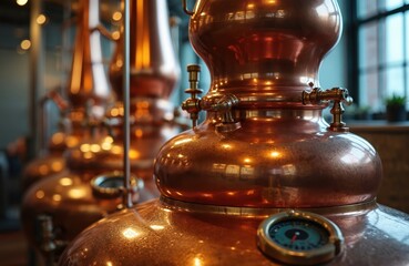 Multiple shiny copper distillation stills line modern alcohol factory. Large industrial metal containers with pipes, valves, gauges, thermometers actively producing fine spirits. Distillers use to