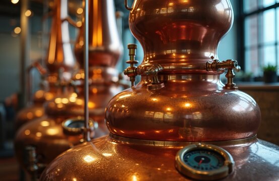 Multiple shiny copper distillation stills line modern alcohol factory. Large industrial metal containers with pipes, valves, gauges, thermometers actively producing fine spirits. Distillers use to