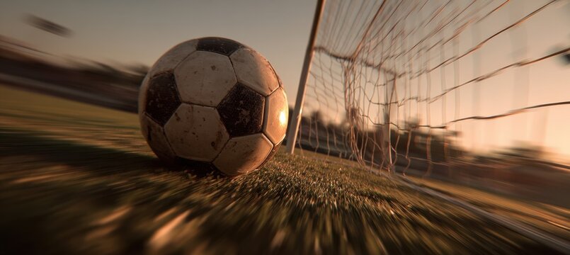 Dynamic Motion Blur of Soccer Ball Approaching Goal with Warm Cinematic Lighting