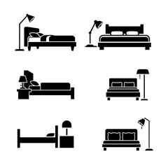 Various beds and lamps arranged in a grid, showcasing different bedroom furniture arrangements in a minimalist style.