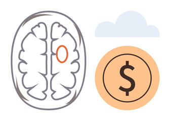 Brain diagram with emphasized region, coin motif representing money, and light cloud. Ideal for psychology, neuroscience, decision-making, finance, economy cognition education. Simple flat metaphor