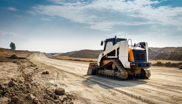 Powerful skid steer loader ready for action on construction site, showcasing heavy equipment operation and development projects under sunny skies