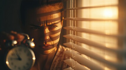 Woman Turning Off Alarm with Frustrated Expression in Morning Light