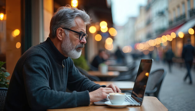 Mature man with glasses works on laptop outside cafe. He drinks coffee and types on computer keyboard. Enjoying city street ambience with bokeh lights.