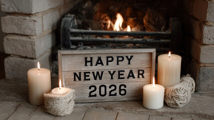 Cozy happy new year 2026 wooden sign with glowing candles in front of a warm fireplace