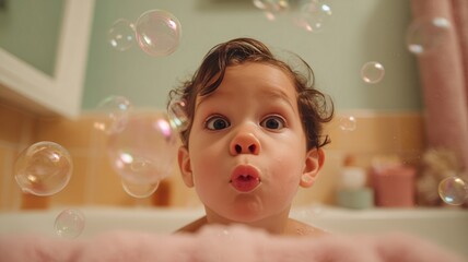 Adorable Toddler Blowing Bubbles in Cozy Pastel Bathroom