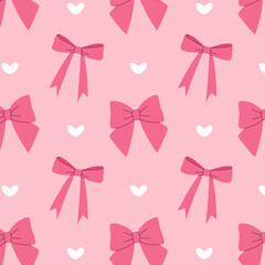 Seamless pattern of pink bows and hearts.