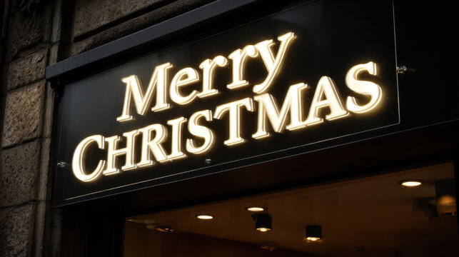 Fototapeta Illuminated merry christmas sign glowing above a storefront in a festive city street