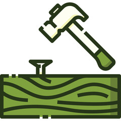 Hammer Striking Nail on Green Wood Plank Isolated on Transparent Background