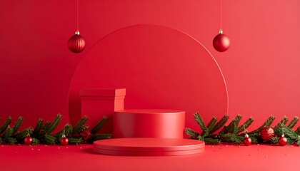 christmast background one colour and little decoration and podium. minimalist style