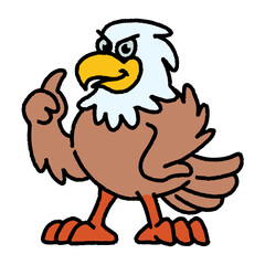 Cartoon eagle with an attitude, fierce bird mascot raising finger, perfect for kids' designs, sports teams, and patriotic themes with bold colors and playful energy