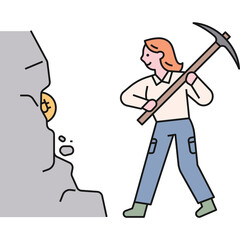Illustration of a woman mining for cryptocurrency with a pickaxe near a rock containing a Bitcoin symbol on a transparent background