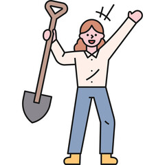 Joyful Person Holding Shovel with Raised Arm Celebrating Success in Casual Outfit and Yellow Boots Minimalist Flat Illustration