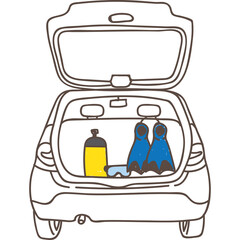 Line Drawing of Car Trunk Packed With Scuba Diving Gear Including Yellow Oxygen Tank Blue Fins and Goggles Transparent Background