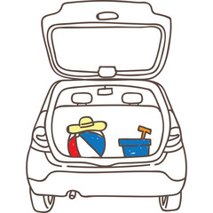 Line Art Of A Car Trunk Packed With Beach Toys Including A Striped Beach Ball A Blue Bucket With A Small Shovel And A Yellow Sun Hat Ready For A Summer Vacation Trip Outing