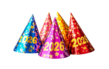 Stack of New Years Eve party hats with 2026 design for festive holiday celebration and joyful gathering isolated on transparent background PNG
