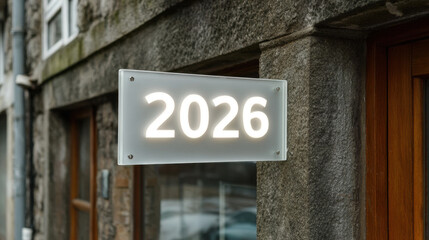 Glowing 2026 sign on a frosted glass panel mounted beside a stone building entrance with a warm wooden door