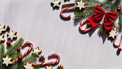 Festive Christmas Border with Candy Canes, Star Cookies, and Fir Branches on White