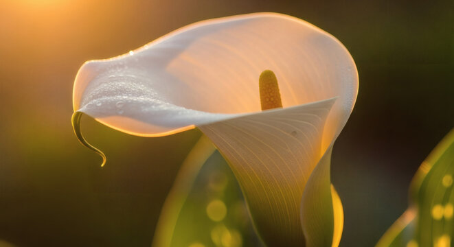 A close-up, photorealistic image of a blooming calla lily, its single, soft petal curling into a graceful, voluptuous shape, backlit by the sun to emphasize its delicate curves
