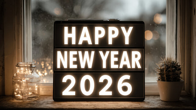 Happy new year 2026 glowing lightbox sign on a windowsill with cozy winter decor