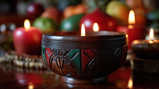 Cozy candlelit autumn decor with rustic wooden bowl and fruits
