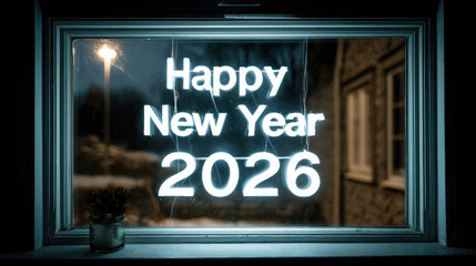 Obraz premium Glowing happy new year 2026 text on a frosted window at night with reflections and a moody winter atmosphere