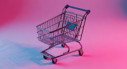 Empty shopping cart illuminated by vibrant pink and blue neon lights in a modern studio setting