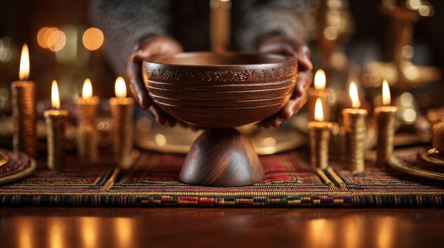 Traditional ceremony with handcrafted wooden bowl and candles on decorative table setting, Black History Month,