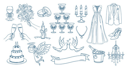 Hand drawn wedding celebration elements set. Doodle icons. Holiday illustrations for wedding invitations. 
