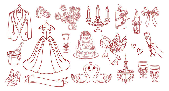 Wedding celebration elements collection. Doodle icons. Holiday illustrations for wedding invitations. Sketch.