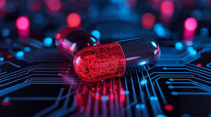 Futuristic red and blue capsules on a glowing electronic circuit board, representing advanced biotechnology, digital medicine and cyberpunk innovation