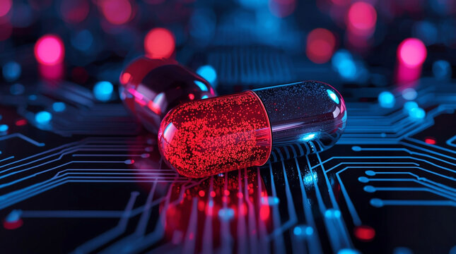 Futuristic red and blue capsules on a glowing electronic circuit board, representing advanced biotechnology, digital medicine and cyberpunk innovation
