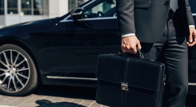 Businessman holding briefcase near luxury car - Powered by Adobe