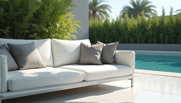 White modern sofa with grey pillows rests on tiled floor by pool. Lush green plants and palm trees create a tropical vibe. Clear blue sky and bright sun suggest a warm, relaxing day.