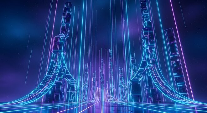 A stunning 3D render of an abstract, futuristic world with vibrant neon colors and glowing lines that ascend into infinity, creating a fantastic cinematic wallpaper.