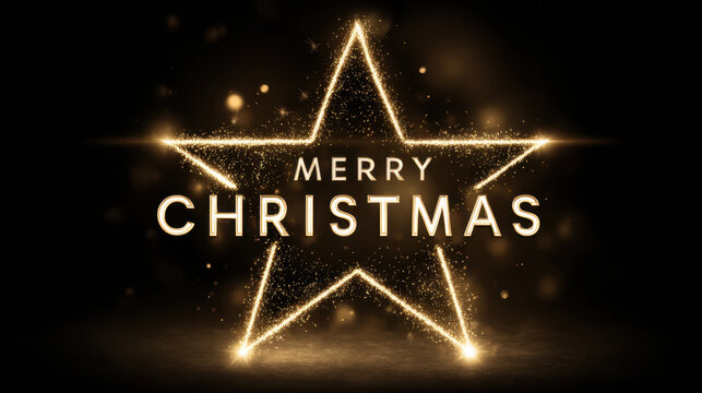 Golden sparkling star frame with glowing festive text Merry Christmas on a dark background