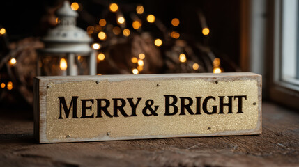 Rustic wooden block sign with glittering gold surface and the words merry & bright in warm festive lighting