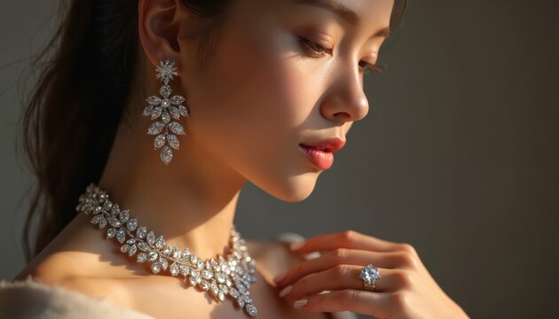 Elegant woman wears diamond necklace and earrings. Her hand shows luxury ring. Soft light highlights her refined beauty. Dark background focuses on jewelry.